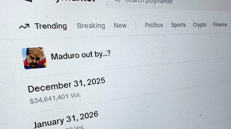 FILE - The Polymarket prediction market website is displayed on a computer screen, Jan. 11, 2026, in New York. (AP Photo/Wyatte Grantham-Philips, File)