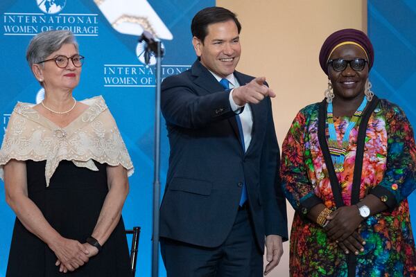 Secretary of State Marco Rubio, center, next to Angelique Songco, of the Philippines, left, who is also known as "Mama Ranger," at the Tubbataha Reefs Natural Park, and Zabib Musa Loro Bakhit, of South Sudan, a women's rights leader, attends the International Women of Courage award ceremony, Tuesday, April 1, 2025, at the State Department in Washington. (AP Photo/Jacquelyn Martin)