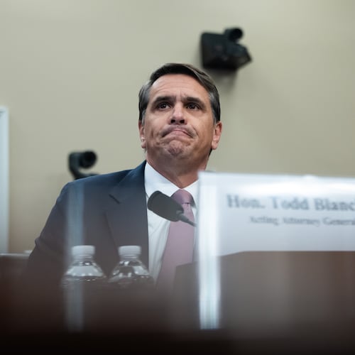 Acting Attorney General Todd Blanche testifies before the House Appropriations Committee, Tuesday, June 2, 2026 in Washington. (AP Photo/Allison Robbert)