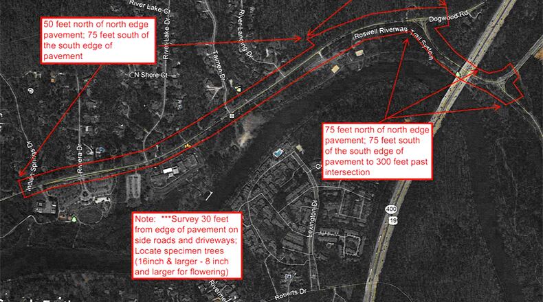 Map depicts the section of Riverside Road in Roswell to be surveyed for a proposed complete street project. CITY OF ROSWELL