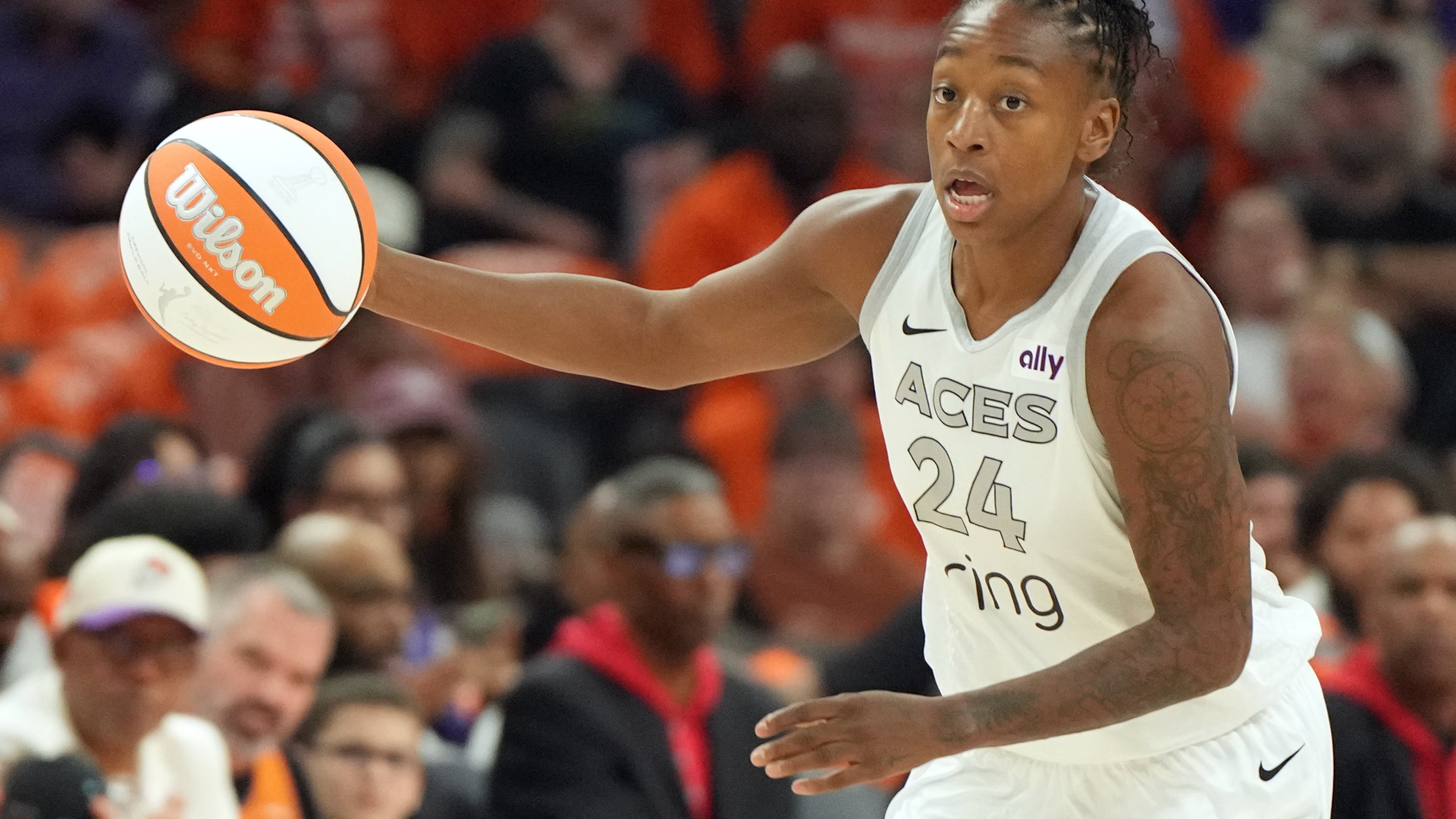 FILE - Las Vegas Aces guard Jewell Loyd (24) drives against the Phoenix Mercury during the first half of Game 3 of the WNBA basketball finals, Wednesday, Oct. 8, 2025, in Phoenix. (AP Photo/Rick Scuteri, File)