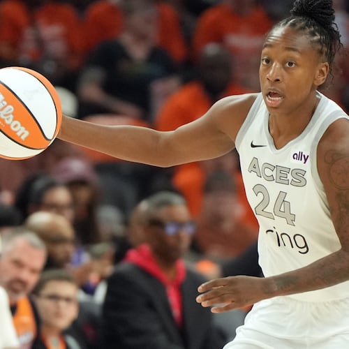 FILE - Las Vegas Aces guard Jewell Loyd (24) drives against the Phoenix Mercury during the first half of Game 3 of the WNBA basketball finals, Wednesday, Oct. 8, 2025, in Phoenix. (AP Photo/Rick Scuteri, File)