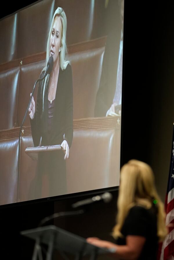Rep. Marjorie Taylor Greene, R-Ga., speaks during a town-hall style meeting, Tuesday, April 15, 2025, in Acworth, Ga. (AP Photo/Mike Stewart)