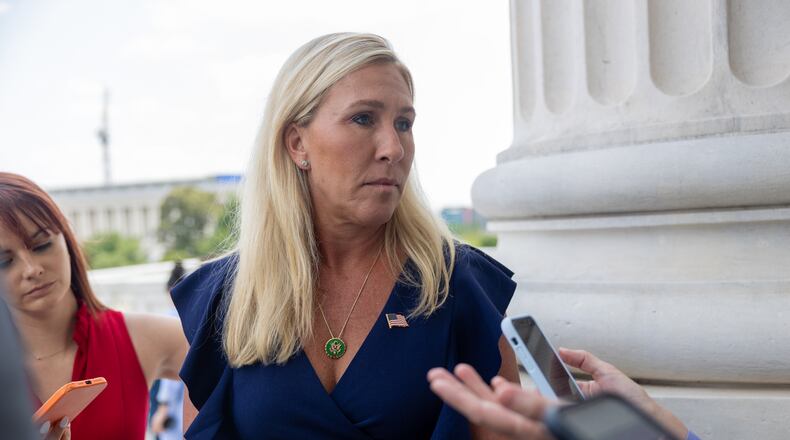 Congresswoman Marjorie Taylor Greene (R-GA) speaks to press following votes on July 12th, 2023 in Washington, DC. (Nathan Posner for The Atlanta Journal-Constitution)