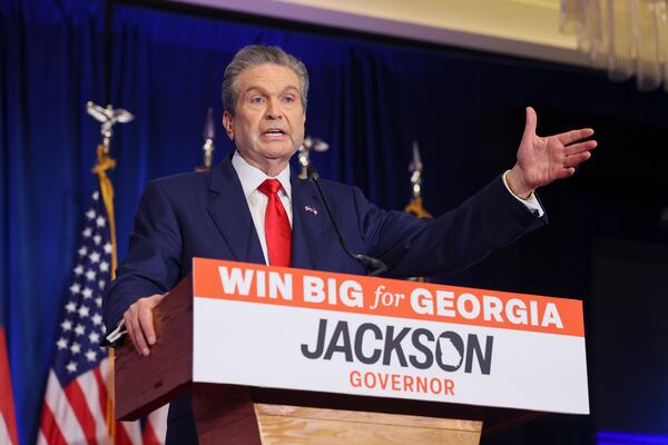 Rick Jackson, a Republican candidate for governor, speaks to supporters at his election night party on Tuesday, May 19, 2026. (Jason Getz/AJC)