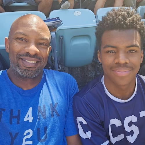 AJC Senior Sports Editor Rod Beard (left) and his son Jonathan have been to 19 of the 30 Major League Baseball parks, a tradition they started years ago. (Rod Beard/AJC)