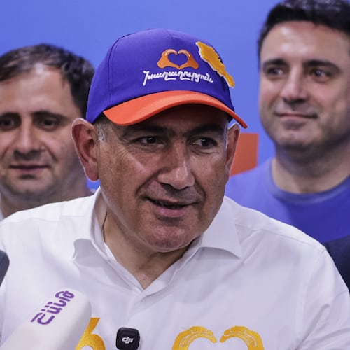 Armenian Prime Minister Nikol Pashinyan speaks at his Armenia Ruling Civil Contract party headquarters after parliamentary elections in Yerevan, Armenia, Monday, June 8, 2026. (AP Photo/Anthony Pizzoferrato)