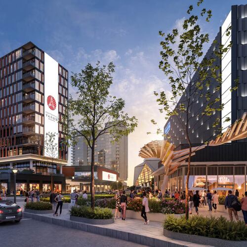 This is a rendering of a planned apartment building at Centennial Yards in downtown Atlanta. It's poised to occupy a site adjacent to the Richard B. Russell Federal Building and was detailed in a 2026 submission to the Atlanta development review committee. (Courtesy of Centennial Yards / Cooper Carry)