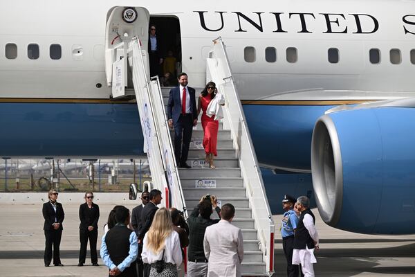 U.S. Vice President JD Vance and second lady Usha Vance arrive in New Delhi, India, Monday, April 21, 2025. (Kenny Holston/The New York Times via AP, Pool)