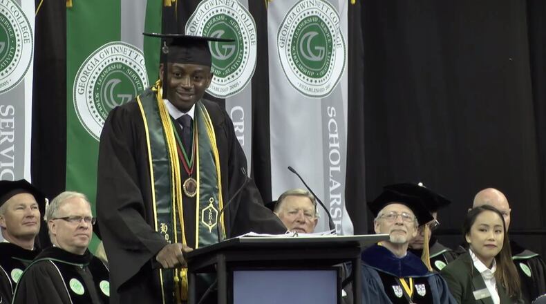 Kareem Adekunle delivered an emotional speech Tuesday at Georgia Gwinnett College's summer commencement ceremony. (Screenshot)