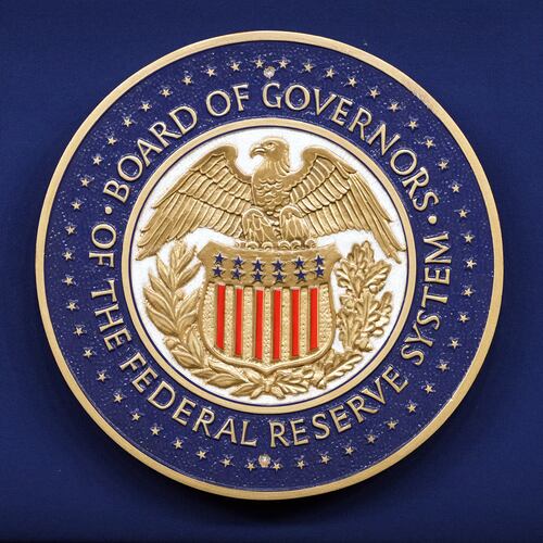 The logo of the Federal Reserve Board of Governors is seen before a news conference with Federal Reserve Board Chairman Kevin Warsh at the Federal Reserve in Washington, Wednesday, July 29, 2026. (AP Photo/Mark Schiefelbein)
