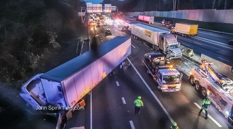 A crash involving two tractor-trailers and several other vehicles  shut down all eastbound lanes of I-20 during the peak of the Thursday morning commute.