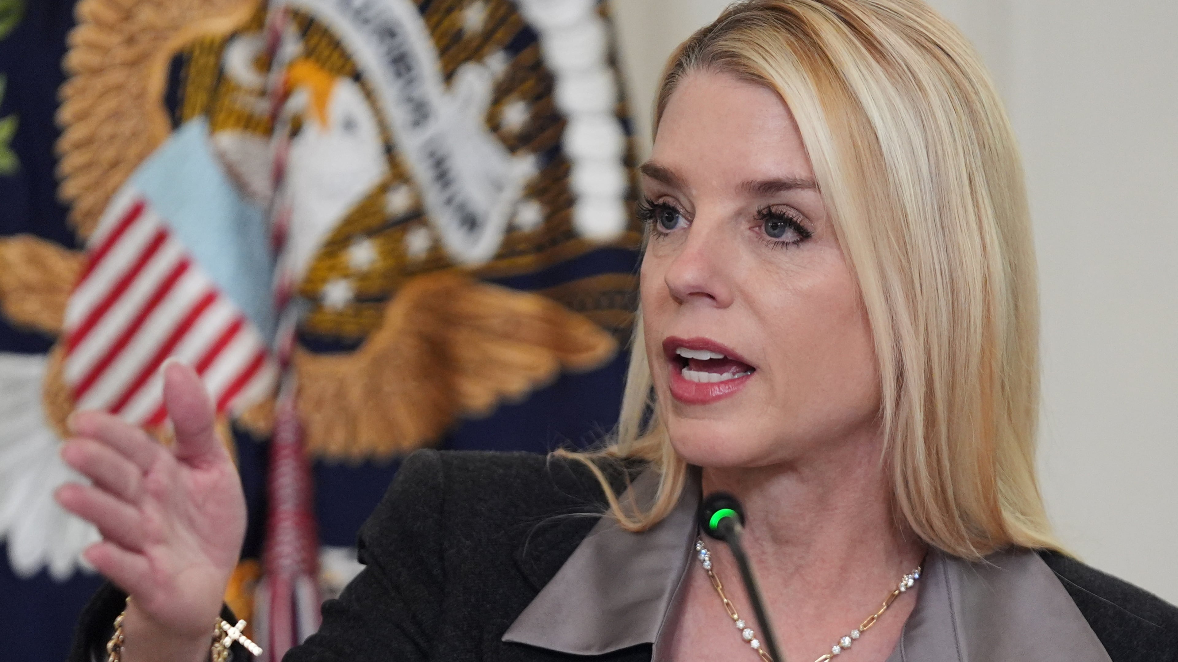 Attorney General Pam Bondi speaks during a roundtable on criminal cartels with President Donald Trump in the State Dining Room of the White House, Thursday, Oct. 23, 2025, in Washington. (AP Photo/Evan Vucci)