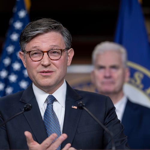 Speaker of the House Mike Johnson, R-La., and House GOP leaders hold a news conference after primary elections that affirmed President Donald Trump's dominance of the Republican Party, at the Capitol in Washington, Wednesday, May 20, 2026. (AP Photo/J. Scott Applewhite)