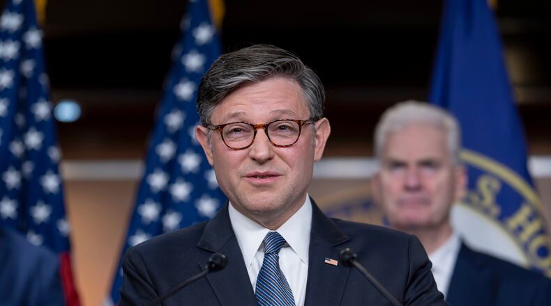 Speaker of the House Mike Johnson, R-La., and House GOP leaders hold a news conference after primary elections that affirmed President Donald Trump's dominance of the Republican Party, at the Capitol in Washington, Wednesday, May 20, 2026. (AP Photo/J. Scott Applewhite)