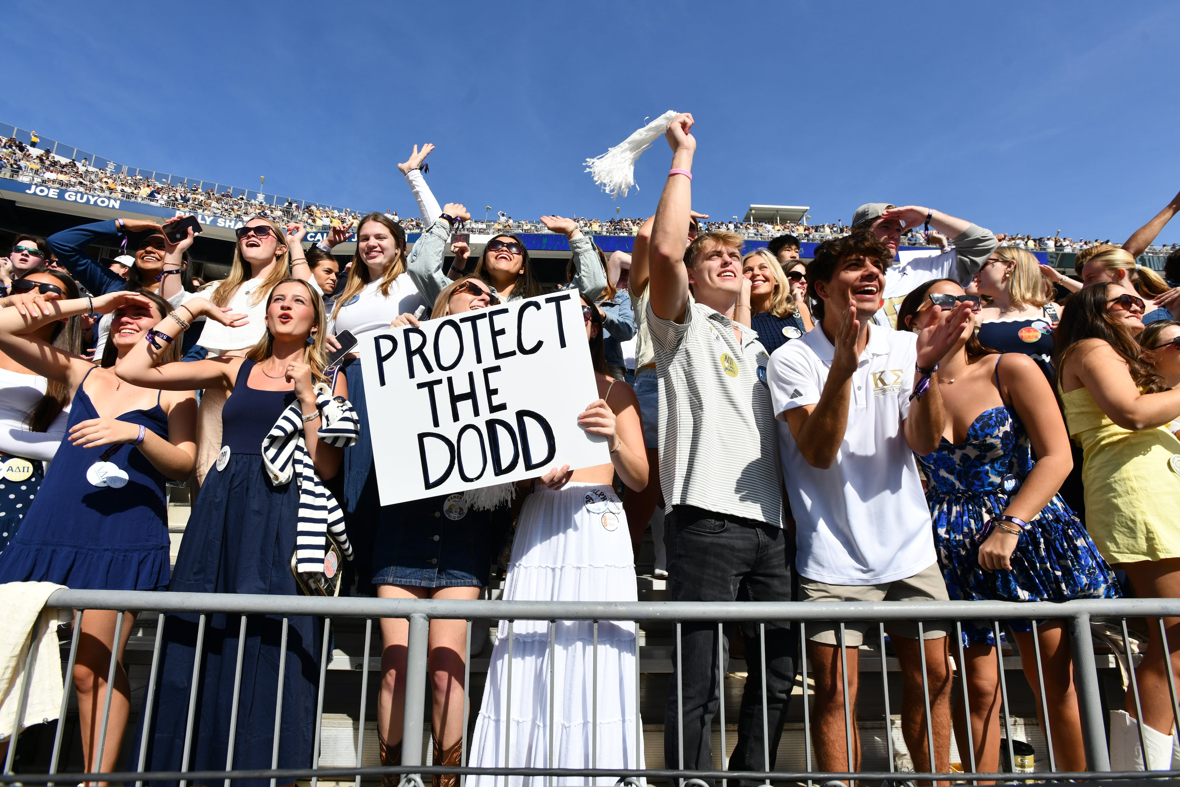 Georgia Tech fans cheer during the first half of an NCAA college football game at Bobby Dodd Stadium, Saturday, October 25, 2025 in Atlanta. (Hyosub Shin / AJC)