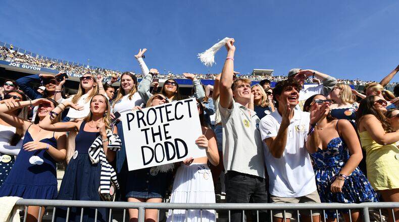 Georgia Tech fans cheer during the first half of an NCAA college football game at Bobby Dodd Stadium, Saturday, October 25, 2025 in Atlanta. (Hyosub Shin / AJC)