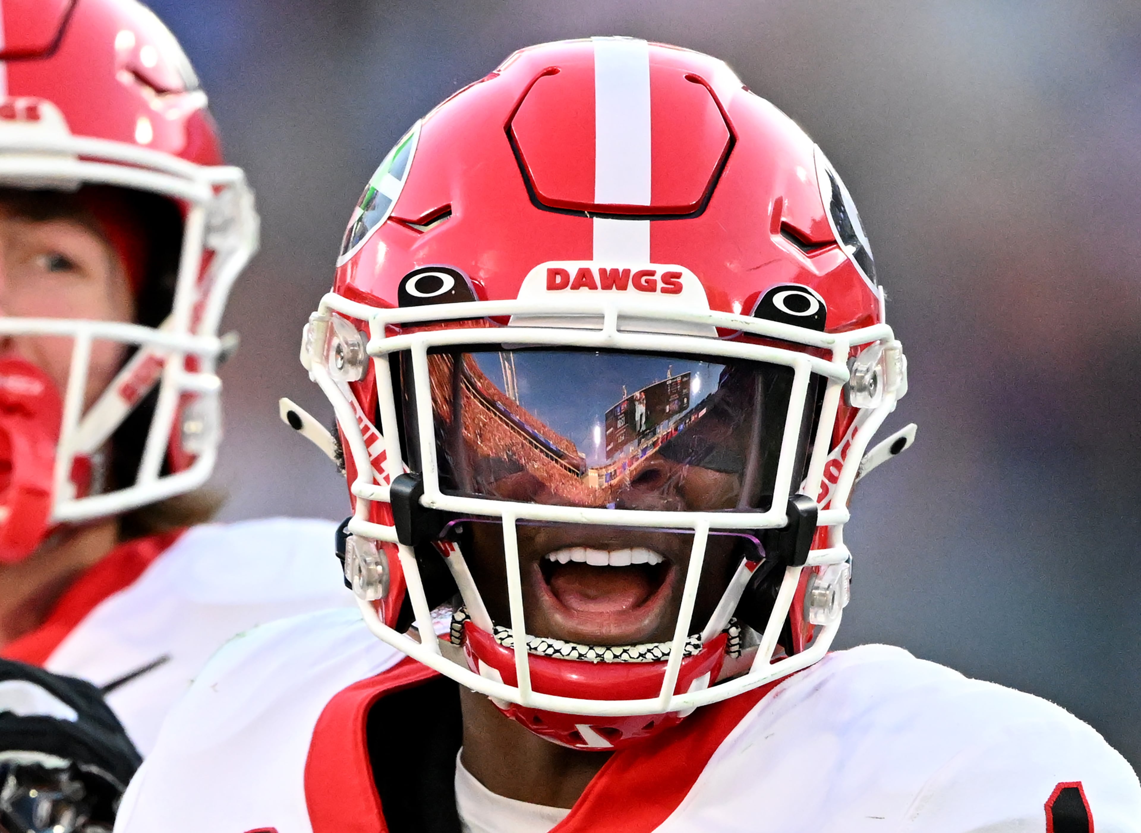 Georgia wide receiver Zachariah Branch (1) celebrates after running for a first down during the second half in an NCAA football game, Saturday, November 1, 2025, Jacksonville, Fla. Georgia won 24-20 over Florida. (Hyosub Shin / AJC)