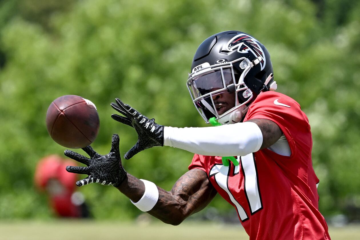 Falcons rookie wide receiver Zachariah Branch runs a drill during rookie minicamp at the team’s training facility on Friday, May 8, 2026, in Flowery Branch. (Hyosub Shin/AJC)
