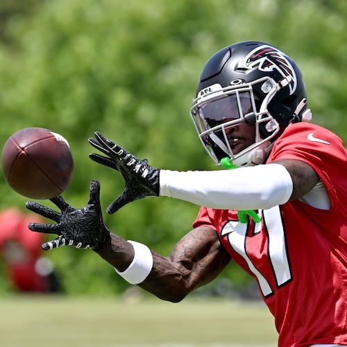 Atlanta Falcons rookie wide receiver Zachariah Branch (17) runs a drill during the Falcons’ rookie minicamp at the team’s training facility on Friday, May 8, 2026, in Flowery Branch. (Hyosub Shin/AJC)