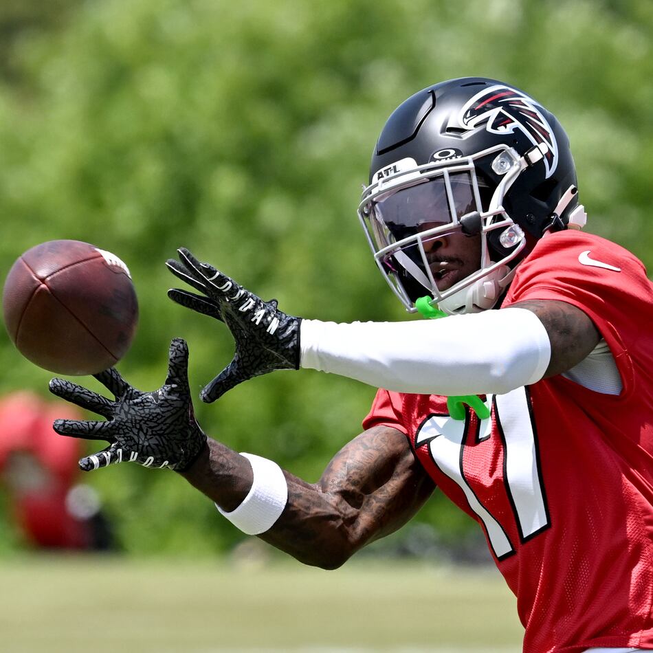 Falcons rookie wide receiver Zachariah Branch runs a drill during rookie minicamp at the team’s training facility on Friday, May 8, 2026, in Flowery Branch. (Hyosub Shin/AJC)