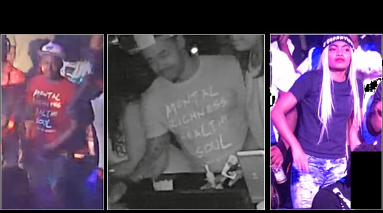 Gwinnett County police are trying to identify a male suspect (left, center) and female suspect (right) who may be involved in a deadly October shooting.