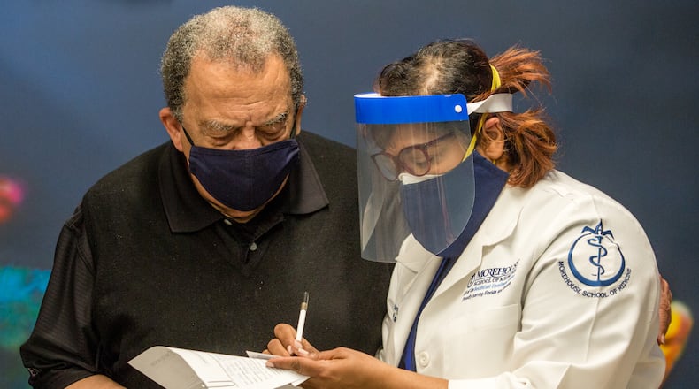 Morehouse School of Medicine administers the first of two Moderna Covid-19 vaccines to civil rights leaders including Andrew Young and sets up reminders for the second dose Tuesday, January 5, 2021.  (Jenni Girtman for The Atlanta Journal-Constitution)