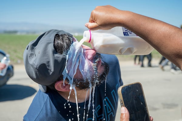 Milk is poured on a protester's face after federal immigration agents tossed tear gas at protesters during a raid in the agriculture area of Camarillo, Calif., Thursday, July 10, 2025. (AP Photo/Michael Owen Baker)