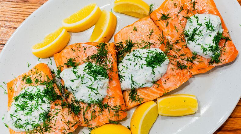 Slow-Roasted Salmon with Dill Yogurt.