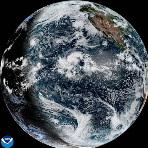 This satellite image provided by NOAA shows Hurricane Lala on Wednesday, Aug. 19, 2026, in the Pacific Ocean northeast of Hawaii. (NOAA via AP)