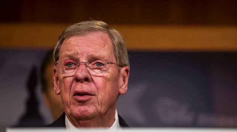 Sen. Johnny Isakson (R-Ga.) speaks during a news conference discussing defunding Planned Parenthood at the Capitol Building in Washington, July 29, 2015. (Zach Gibson/The New York Times)