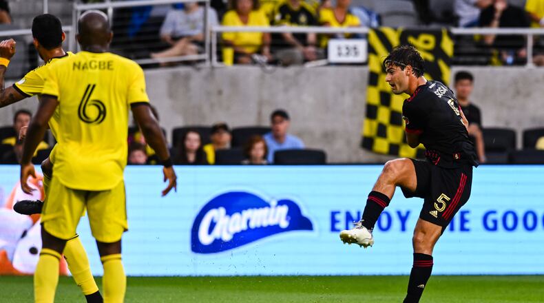 Atlanta United's Santiago Sosa scores a goal during the match against the Crew on Sunday night at lower.com Field in Columbus, Ohio. (Photo by Ben Jackson/Atlanta United)