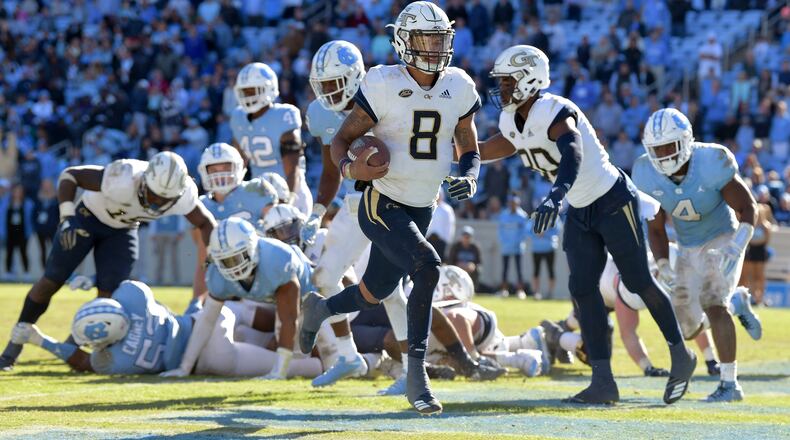 Jackets quarterback Tobias Oliver scores the go-ahead touchdown against the North Carolina Tar Heels Nov. 3, 2018, at Kenan Stadium in Chapel Hill, N.C.