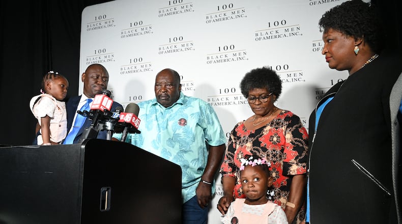 Marvin Grier (center), father of Brianna Grier, gets emotional as he speaks to members of the press during a news conference Wednesday at Clark Atlanta University’s Henderson Student Center in Atlanta. He was joined by civil rights attorney Ben Crump (left), Georgia gubernatorial candidate Stacey Abrams (right) and other members of the Grier family to discuss what Abrams is calling Georgia's mental health crisis.