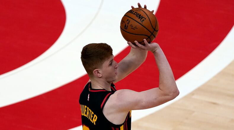 Atlanta Hawks guard Kevin Huerter (3) shoots against the Philadelphia 76ers Monday, Jan. 11, 2021, in Atlanta. (John Bazemore/AP)
