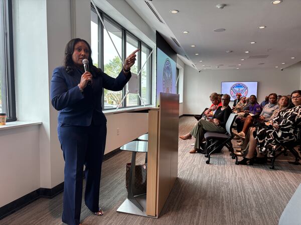 Atlanta City Council President Marci Collier Overstreet speaks to more than 100 residents during her first presidential town hall on Wednesday, April 29, 2026, at the Russell Innovation Center for Entrepreneurs in Castleberry Hill. (Shaddi Abusaid/AJC)