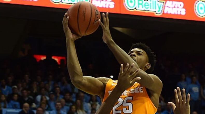 Tennessee’s Shembari Phillips shoots over North Carolina’s Isaiah Hicks in a December 11, 2016 game between Tennessee and North Carolina in Chapel Hill, N.C. (Getty Images)