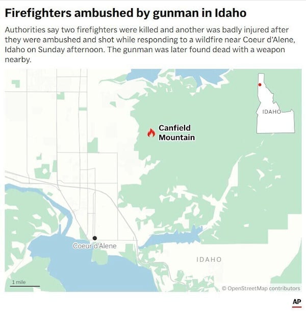 Two firefighters were killed and another was badly injured after they were ambushed and shot while responding to a wildfire near Coeur d’Alene, Idaho. (AP Digital Embed)