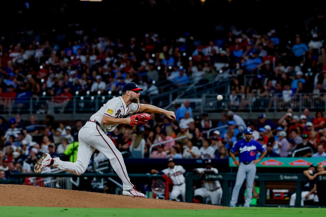 Braves starter Chris Sale delivers to a Los Angeles Dodgers batter on Thursday, Aug. 27, 2026, in Atlanta. “I love playing this game, and I want to keep doing it for as long as I can,” the Cy Young Award-winning pitcher says. (Erik S. Lesser/AP)