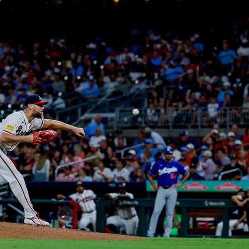 Atlanta Braves pitcher Chris Sale delivers to a Los Angeles Dodgers batter during the fifth inning of a baseball game, Thursday, Aug. 27, 2026, in Atlanta. (AP Photo/Erik S. Lesser)