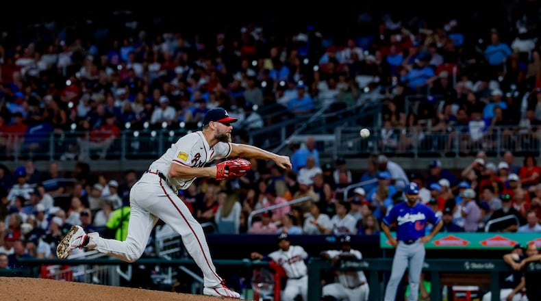 Atlanta Braves pitcher Chris Sale delivers to a Los Angeles Dodgers batter during the fifth inning of a baseball game, Thursday, Aug. 27, 2026, in Atlanta. (AP Photo/Erik S. Lesser)