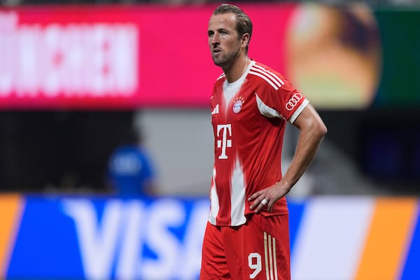 Bayern Munich's Harry Kane reacts after the Club World Cup quarterfinal soccer match between PSG and Bayern Munich in Atlanta, Saturday, July 5, 2025. (AP Photo/Mike Stewart)