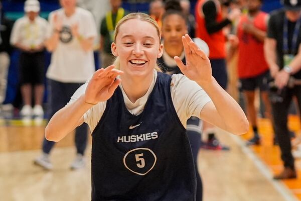 UConn guard Paige Bueckers (5) warms up during practice at the Final Four of the NCAA college basketball tournament Thursday, April 3, 2025, in Tampa, Fla. (AP Photo/John Raoux)