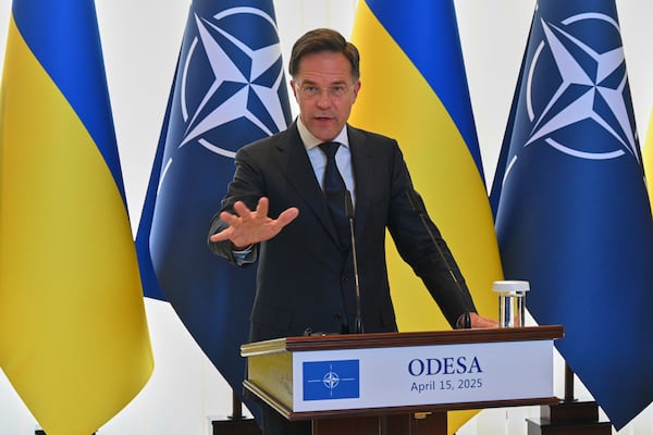 NATO Secretary General Mark Rutte answers media questions during his joint press conference with Ukraine's President Volodymyr Zelenskyy in Odesa, Ukraine, Tuesday, April 15, 2025. (AP Photo/Michael Shtekel)