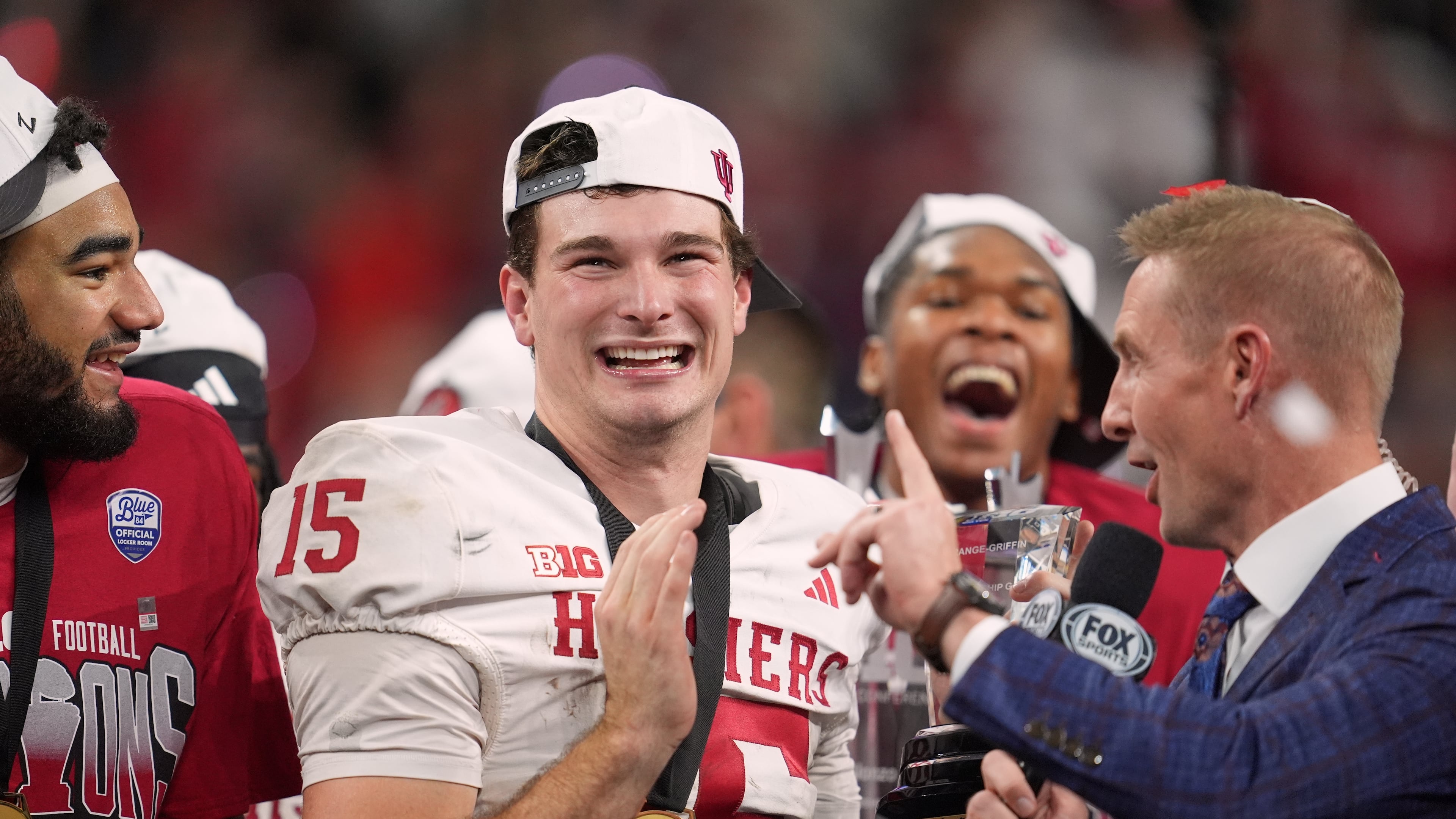 Indiana's Fernando Mendoza celebrates after after the Big Ten championship NCAA college football game against Ohio State in Indianapolis, Saturday, Dec. 6, 2025. (AP Photo/Michael Conroy)