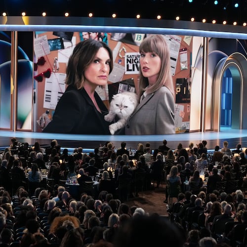 Host Mariska Hargitay left, and Taylor Swift in a "Law and Order: SVU" skit during the 78th Emmy Awards on Monday, Sept. 14, 2026, at the Peacock Theater in Los Angeles. (AP Photo/Chris Pizzello)