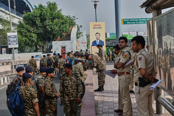 Security personnel wait to be deployed, ahead of U.S. Vice President J.D. Vance’s visit in New Delhi, India, Monday, April 21, 2025. (AP Photo)