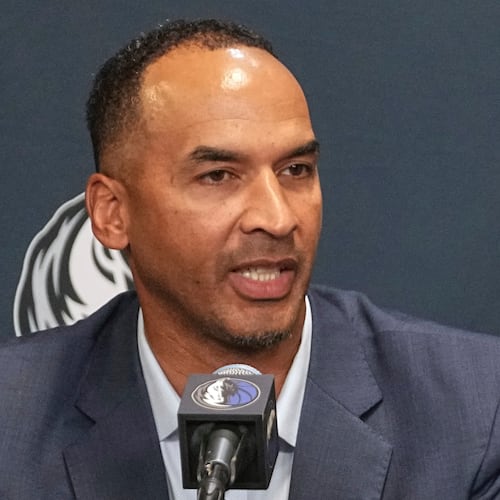 Dallas Mavericks general manager Nico Harrison speaks during a press conference at the NBA basketball team's basketball practice facility, Friday, June 27, 2025, in Dallas. (AP Photo/Tony Gutierrez, File)