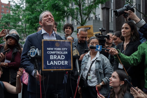 New York City Comptroller Brad Lander speaks during a press conference after being released from arrest outside federal immigration court on Tuesday, June 17, 2025, in New York. (AP Photo/Olga Fedorova)