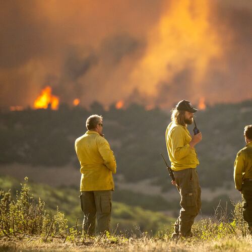 Firefighters monitor the Aspen Acres Fire near Colorado City, Colo., as it begins to grow late on Thursday, July 2, 2026. (Michael Seamans/The Gazette via AP)